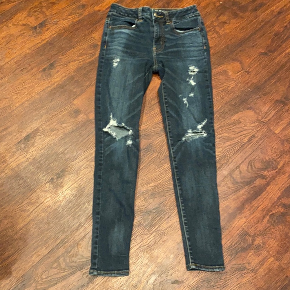 American Eagle Outfitters Women's Skinny Jeans - Dark Blue with Distressing